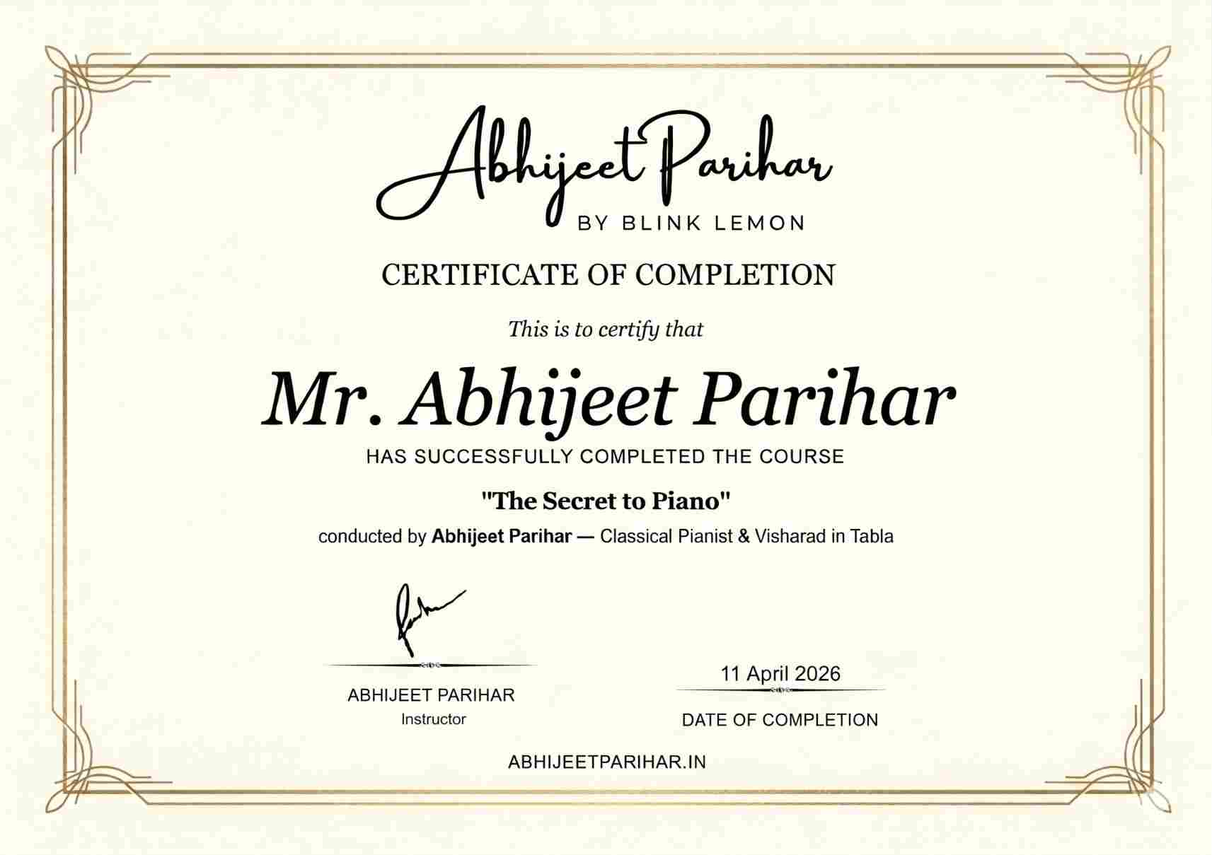 Certificate of Completion — Abhijeet Parihar Piano Course