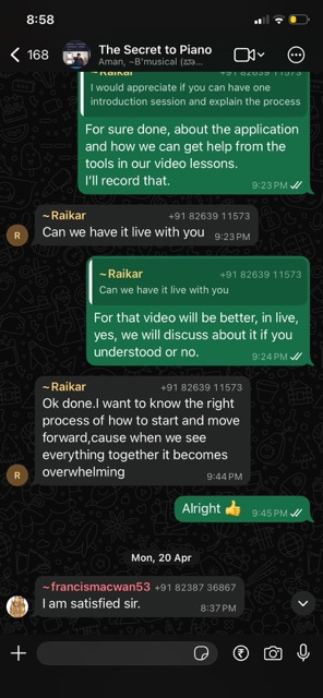 Student community WhatsApp — The Secret to Piano